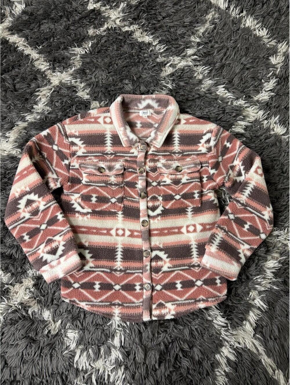BKE Buckle Youth Large Aztec Fleece Shacket Jacket Brown Pink Western Button Up